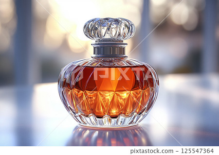 Perfume bottle with glossy on its glass surface, conveying elegance and sophistication. Ideal for high-end perfume advertisements. Perfume bottle with glossy on its glass surface, conveying elegance and sophistication. Ideal for high-end perfume advertisements. 125547364