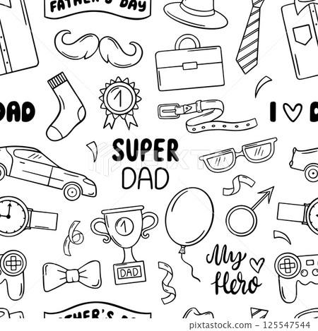 Doodle fathers day pattern. Male accessories and items, sketch car medal trophy ribbons and tie. Monochrome print design, neoteric vector background 125547544