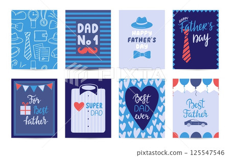 Fathers day doodle cards. Congratulation for dad, postcards design with handwritten phrases and male items. Posters or covers, neoteric vector banners 125547546
