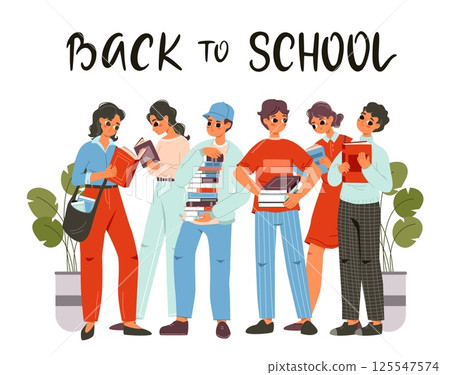 Students with books. Young girls and boys holding book piles and reading. Back to school lettering text. Poster with pupils, college, vector scene 125547574