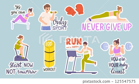 Sport stickers with hand lettering motivational phrases. Workout and training characters, gym and fitness. Motivation sticker vector clipart 125547575