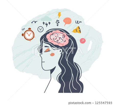Overthinking girl. Tired female abstract face with confused thoughts. Overworking, sad woman, chaos in mind and negative, vector psychological concept Overthinking girl. Tired female abstract face with confused thoughts. Overworking, sad woman, chaos in mind and negative, vector psychological concept 125547593