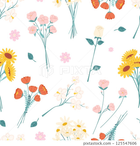 Garden bouquets seamless pattern. Flowers roses, daisy, chamomile, sunflowers, tulips. Isolated blossom floral branches, orchids, vector background 125547606