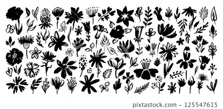 Black ink plants. Paint brush drawing flowers, branches, leaves. Hand drawn floral, abstract art decorative botanical design. Isolated neoteric vector set 125547615