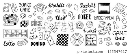 Sketch board games. Black chess pieces, scrabble pocker and lotto. Isolated paper fields and boards for table play with family or friends, neoteric vector set 125547617