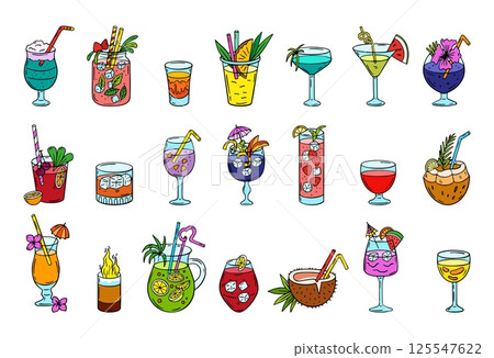 Doodle beach cocktails. Hand drawn cocktail with fruits, ice cubes. Lemonades, alcohol and non alcoholic drinks. Refreshing beverages neoteric vector set 125547622