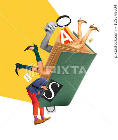 Contemporary art collage. People legs and letters bursting from oversized green book. Deeply immersed in learning. 125548034