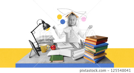 Little girl balancing book on head, meditating next to desk full of books and papers. Early education, elementary school learning. 125548041