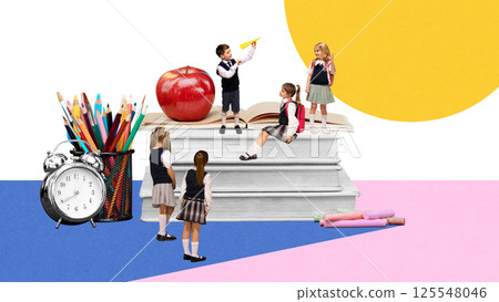 Group of elementary school students playing with big books, pencils, chalk and clock. Contemporary art collage. 125548046