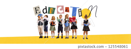 Group of elementary school children reading colorful books with playful education letters above. Contemporary art collage. 125548061