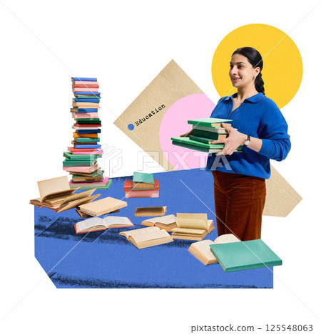 Young woman holding books near high pile of colorful books, professor preparing for lecture. Contemporary art collage 125548063