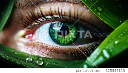 Beautiful Green Eye Looking Through Green Dew-wet Leaves - Generative Ai 125548113