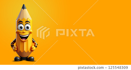 Cartoon Character of a Smiling Pencil on Yellow-Orange Background - Generative Ai 125548309