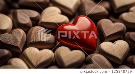 Close-up of a Red Wooden Heart Among Many Brown Hearts - Generative Ai 125548759