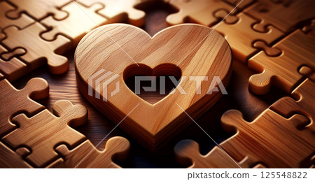 Close-up of a Wooden Heart Shape in the Middle of a Jigsaw Puzzle - Generative Ai 125548822