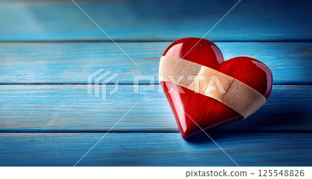 Close-up of a Wooden Red Heart with Adhesive Bandage on Blue Wooden Table - Generative Ai 125548826