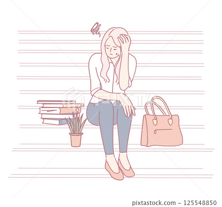 A stressed woman is sitting down surrounded by books and her purse, reflecting on her situation 125548850