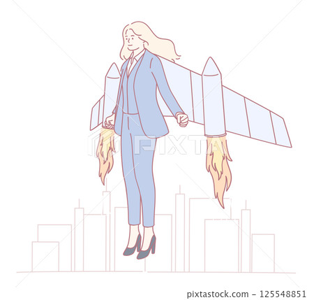 A skilled businesswoman with a jetpack soars above a vibrant city, showcasing her success 125548851