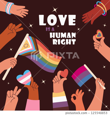 Pride Month. Diverse Hands LGBTQ Holding Rainbow Flags and Hearts. LGBT community. Holiday square banner on dark background and motivational phrases. Vector illustration in flat style Pride Month. Diverse Hands LGBTQ Holding Rainbow Flags and Hearts. LGBT community. Holiday square banner on dark background and motivational phrases. Vector illustration in flat style 125548853