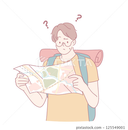 A Lost Traveler Holding a Map in Their Hands Searching for the Right Direction to Go 125549001
