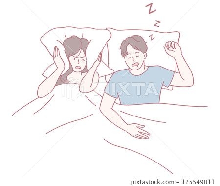 A couple in bed faces the humorous yet frustrating issue of snoring disruptions at night A couple in bed faces the humorous yet frustrating issue of snoring disruptions at night 125549011
