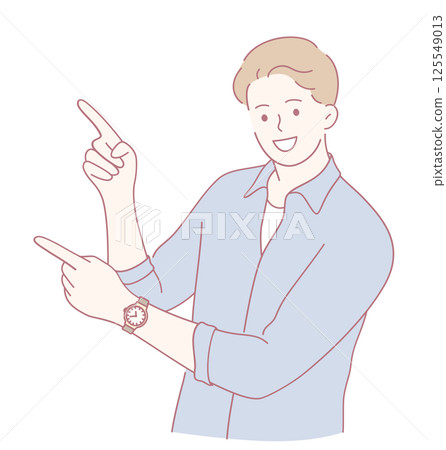 A Cheerful Young Man Enthusiastically Pointing in Two Different Directions with Joy 125549013
