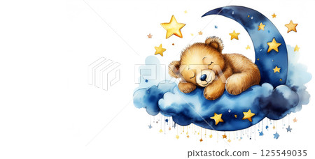 Closeup of a Cute Brown Teddy Bear Sleeping on the Moon and Clouds - Generative Ai 125549035
