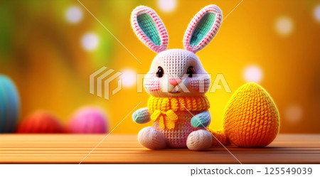 Closeup of a Cute Knitted Easter Bunny on a Yellow Background with Copy Space - Generative Ai Closeup of a Cute Knitted Easter Bunny on a Yellow Background with Copy Space - Generative Ai 125549039