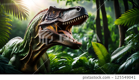 Closeup of a Dinosaur Tyrannosaurus Rex Roaring in a Jurassic Forest - Generative Ai 125549041