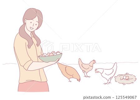 Experience the delightful process of harvesting fresh eggs laid by happy chickens on a farm 125549067