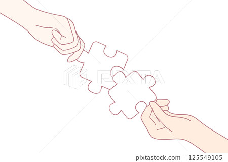 Hands Connecting Puzzle Pieces Symbolizing Collaboration and Unity Among Diverse Groups 125549105