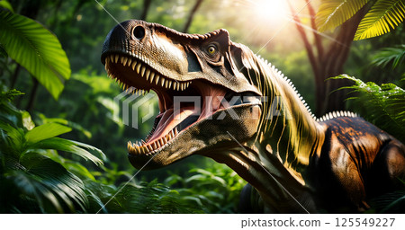 Closeup of a Dinosaur Tyrannosaurus Rex Roaring in a Jurassic Forest - Generative Ai 125549227
