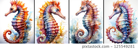 Collection and Variation of Watercolor Illustration of Multicolored Seahorses - Generative Ai 125549281