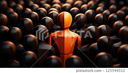 Closeup of One Single Orange Human Shape Among a Large Group of Black Ones - Generative Ai Closeup of One Single Orange Human Shape Among a Large Group of Black Ones - Generative Ai 125549312