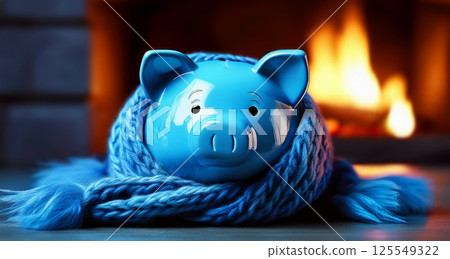 Cold Blue Piggy Bank Wrapped in a Woolen Scarf in Front of Fireplace - Generative Ai Cold Blue Piggy Bank Wrapped in a Woolen Scarf in Front of Fireplace - Generative Ai 125549322