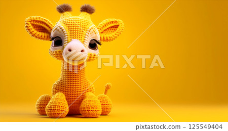 Cute and Adorable Knitted Giraffe Toy Isolated on Yellow Background - Generative Ai 125549404