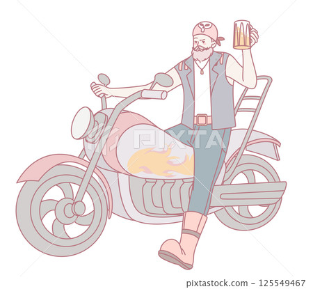 A Relaxed Biker Happily Enjoying a Cold Beer While Sitting on a Stylish Custom Motorcycle 125549467