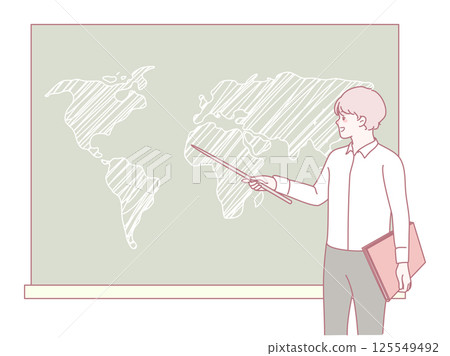 A teacher is presenting a world map to a group of attentive students in a classroom setting 125549492