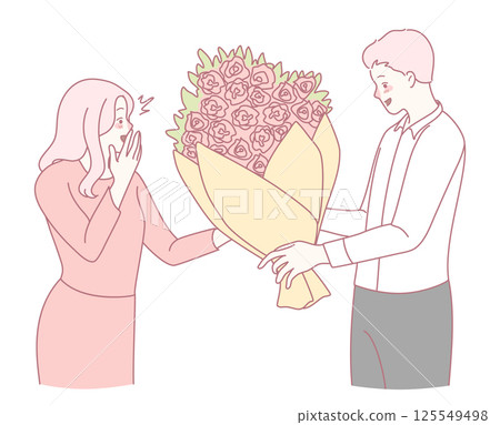 A Romantic Gesture A Man Presents Beautiful Flowers to a Woman He Admires and Cherishes A Romantic Gesture A Man Presents Beautiful Flowers to a Woman He Admires and Cherishes 125549498