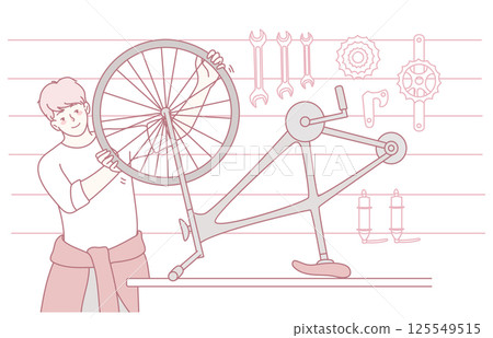 Illustration of a workshop for bicycle repair and maintenance, highlighting skilled craftsmanship 125549515