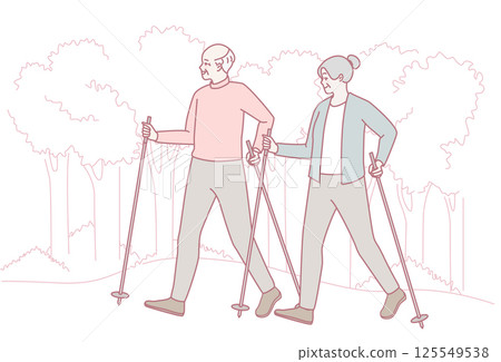 Active Seniors Who Are Enjoying Nature by Using Walking Poles on Their Excursions Outdoors Active Seniors Who Are Enjoying Nature by Using Walking Poles on Their Excursions Outdoors 125549538