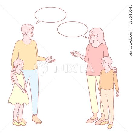 An illustration of a family discussion with speech bubbles, showing communication and bonding 125549543