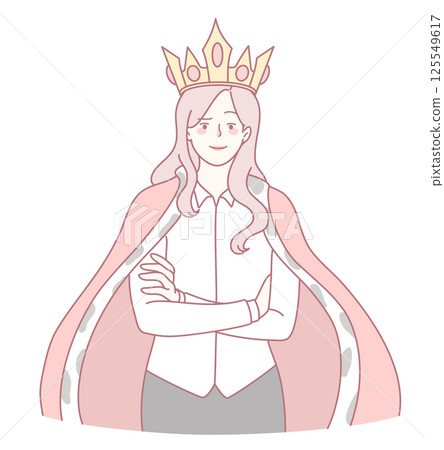 A confident queen in a crown and cape, radiating elegance and charm like a vibrant cartoon 125549617