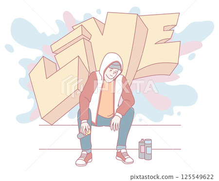 A dynamic urban youth with a microphone in a vibrant graffiti setting, showcasing street culture 125549622