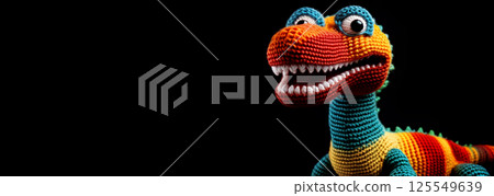 Cute Knitted Tyrannosaurus Rex Dinosaur Toy Isolated on Black Background - Generative Ai 125549639