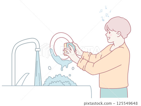 A Person Joyfully Washing Dishes with a Big Smile at the Kitchen Sink Amidst Cute Bubbles 125549648