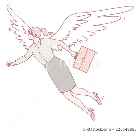 A determined businesswoman is depicted soaring through the skies gracefully, holding a briefcase A determined businesswoman is depicted soaring through the skies gracefully, holding a briefcase 125549685