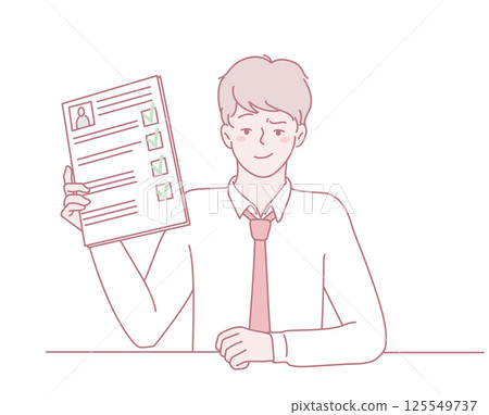 A job candidate proudly holding a resume that showcases positive feedback and endorsements A job candidate proudly holding a resume that showcases positive feedback and endorsements 125549737