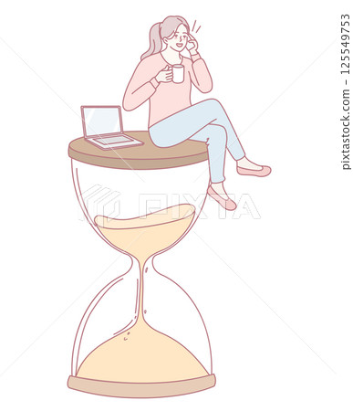 A young woman happily enjoys her coffee beside an hourglass symbolizing time management 125549753