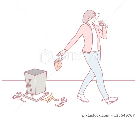 A woman thoughtfully disposes of waste while eating on the go, reflecting her balanced lifestyle 125549767